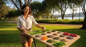 Pessoa praticando emagrecimento ao ar livre, segurando tigela com ingredientes naturais como chá verde, sementes e frutas em ambiente ensolarado.