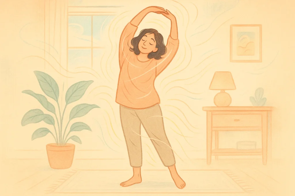 Ilustração de uma pessoa realizando alongamento matinal no espaço doméstico, com detalhes de linhas de energia e cores pastéis, destacando Treino e Movimento