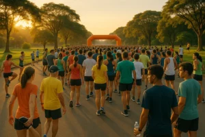 Corrida matinal no Parque da Independência, São Paulo, com energia de corredores de várias idades e etnias, rascunho automático